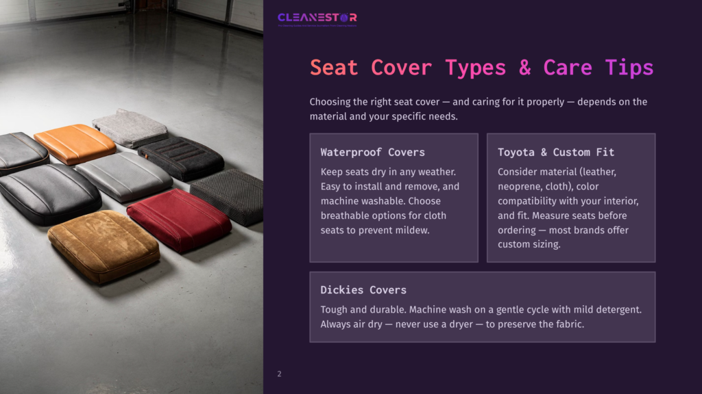Cleanestor Logo At The Top Of The Image, With A Display Of Various Car Seat Covers In Different Colors And Textures Arranged In A Grid. The Text &Quot;Seat Cover Types &Amp; Care Tips&Quot; Is Prominently Displayed.