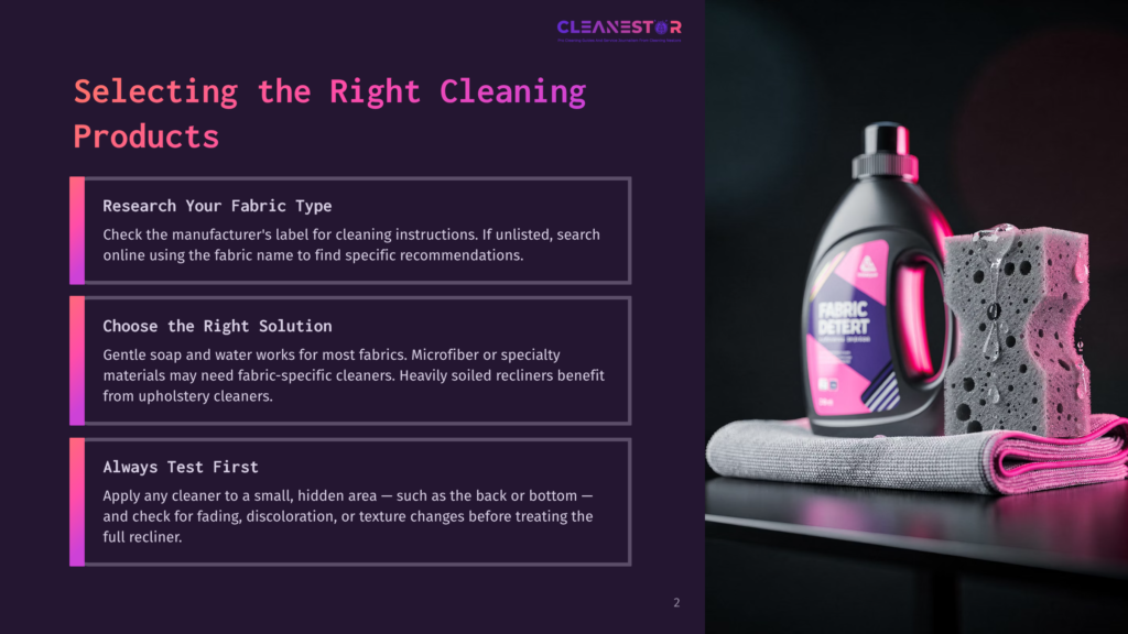 2 Selecting The Right Cleaning Products Cleanestar Fabric Detergent Bottle With A Sponge And Folded Microfiber Cloth On A Dark, Textured Surface. Text Overlay Reads &Quot;Selecting The Right Cleaning Products.