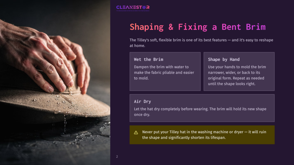 2 Shaping And Fixing A Bent Brim Hands Gently Shaping A Wet, Beige Tilley Hat Brim, With Water Dripping Onto A Dark Surface. Text Overlay: &Quot;Shaping &Amp; Fixing A Bent Brim&Quot;.