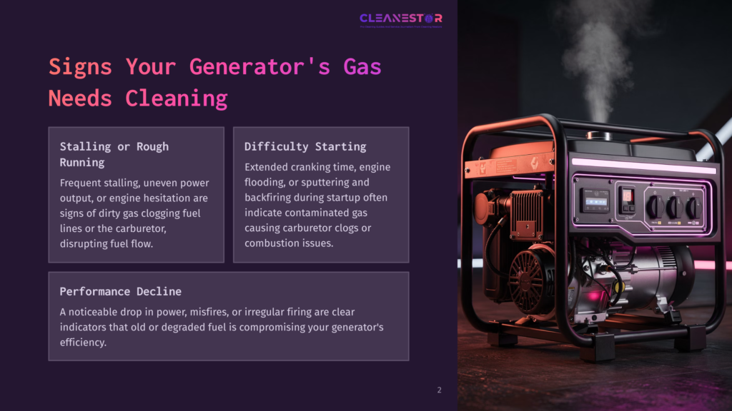 A Dark, Moody Image Of A Portable Generator Emitting Smoke, With Text Overlays Detailing Signs Your Generator Needs Cleaning, Such As &Quot;Stalling Or Rough Running&Quot; And &Quot;Performance Decline.