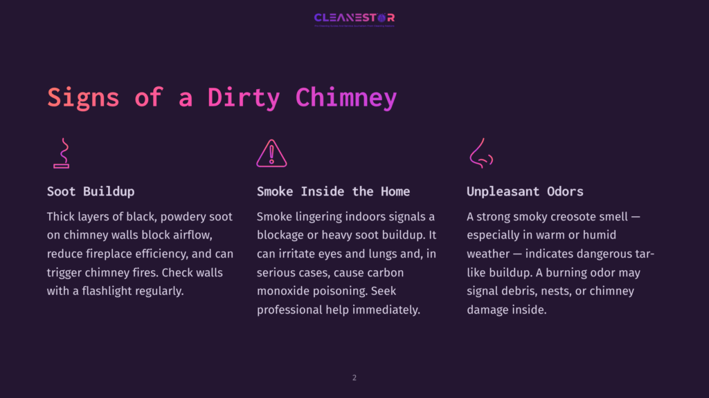 2 Signs Of A Dirty Chimney 1 Infographic Titled &Quot;Signs Of A Dirty Chimney&Quot; With Three Columns Detailing &Quot;Soot Buildup,&Quot; &Quot;Smoke Inside The Home,&Quot; And &Quot;Unpleasant Odors,&Quot; Each With An Icon And Descriptive Text.