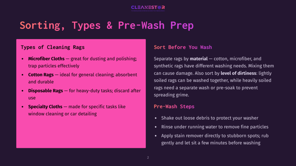 2 Sorting Types And Pre Wash Prep A Slide Titled &Quot;Sorting, Types &Amp; Pre-Wash Prep&Quot; With Sections On Cleaning Rag Types Like Microfiber And Cotton, And Pre-Wash Steps. Text Includes &Quot;Cleanestor&Quot; Logo.