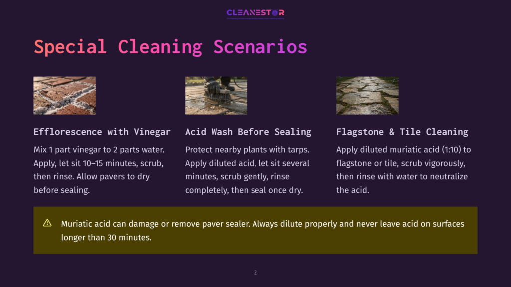 Three Images Show Cleaning Scenarios: Efflorescence On Brick, Acid Washing A Patio, And Cleaning Flagstone With Diluted Muriatic Acid. Text Emphasizes Safety Precautions.
