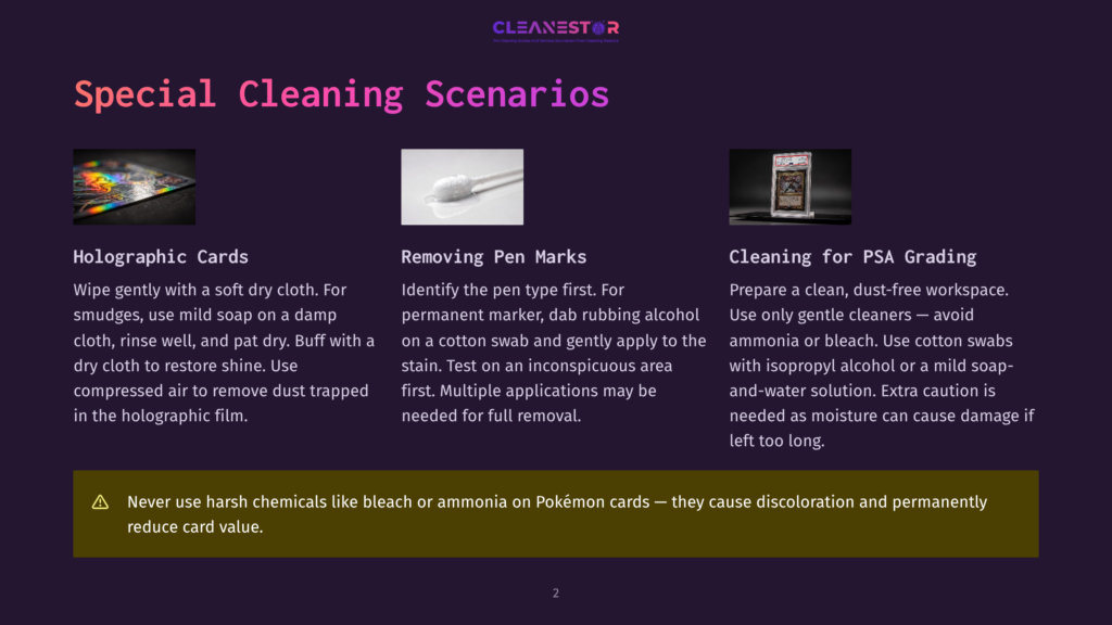 Three Cleaning Scenarios For Pokémon Cards: Holographic Cards Cleaned With A Soft Cloth And Mild Soap, Pen Marks Removed With Rubbing Alcohol, And Psa Grading Preparation With Cotton Swabs And Isopropyl Alcohol.