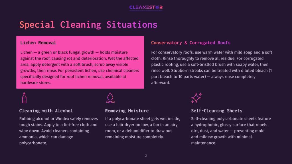 Infographic Detailing Special Cleaning Situations: Lichen Removal, Conservatory &Amp; Corrugated Roofs, Cleaning With Alcohol, Removing Moisture, And Self-Cleaning Sheets. The Graphic Uses Icons And Text To Explain Cleaning Methods.