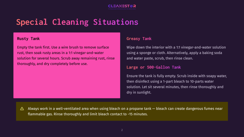 Special Cleaning Situations Guide Showing Two Different Cleaning Methods For Rusty And Greasy Tanks, With Safety Instructions For Using Bleach.