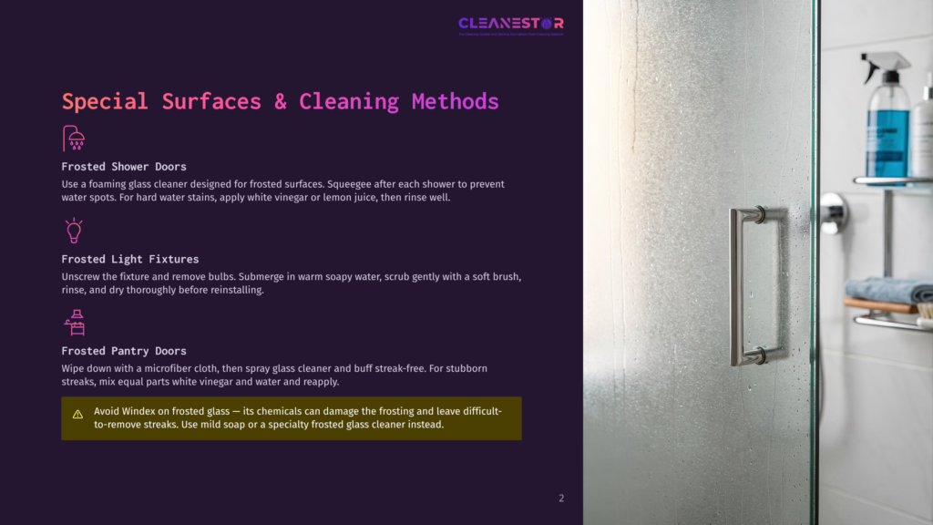 A Frosted Glass Shower Door With A Modern Stainless Steel Handle. The Door Is Slightly Wet, Reflecting The Bright Interior Of A Bathroom. Text Overlay Provides Cleaning Instructions For Frosted Glass Surfaces.