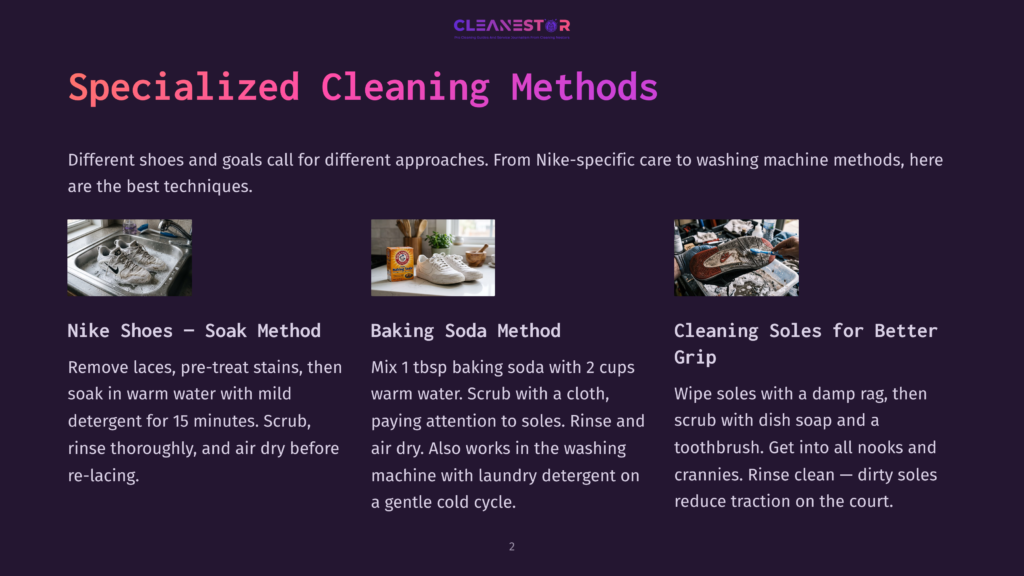 Three Distinct Shoe Cleaning Methods: Nike Shoes Soaking In Soapy Water, Baking Soda And Laundry Detergent Mixture With Shoes, And Cleaning Shoe Soles With A Toothbrush And Dish Soap.