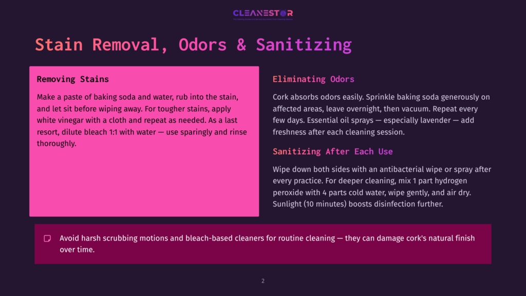 2 Stain Removal Odors And Sanitizing Infographic With Sections Titled &Quot;Removing Stains,&Quot; &Quot;Eliminating Odors,&Quot; And &Quot;Sanitizing After Each Use.&Quot; It Shows Steps Like Making A Paste Of Baking Soda And Water To Rub Into Stains, Using Essential Oil Sprays, And Wiping Down Surfaces With Antibacterial Solutions.