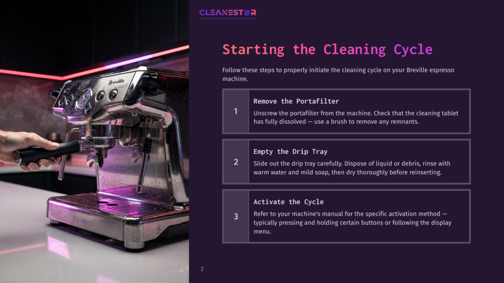 2 Starting The Cleaning Cycle 1 Breville Espresso Machine With A Portafilter In The Foreground, Illuminated By Purple Neon Lights. Text Overlay Reads &Quot;Cleanestor&Quot; And &Quot;Starting The Cleaning Cycle&Quot;.