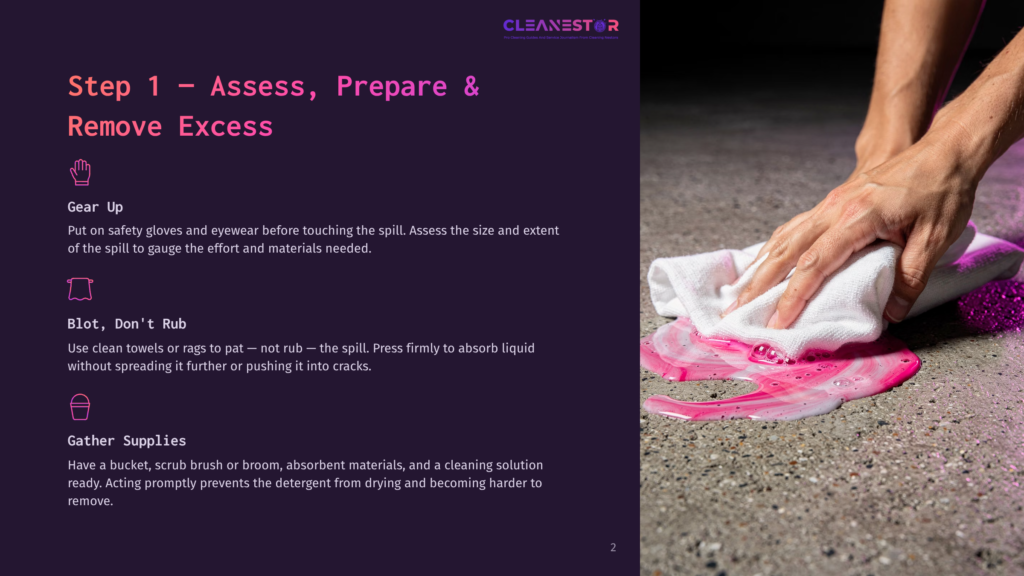 A Hand Wearing Safety Gloves Dabs At A Spill Of Pink Liquid On A Concrete Floor With A White Towel. Adjacent Text Outlines The Steps To Assess, Prepare, And Remove Excess Spillage.
