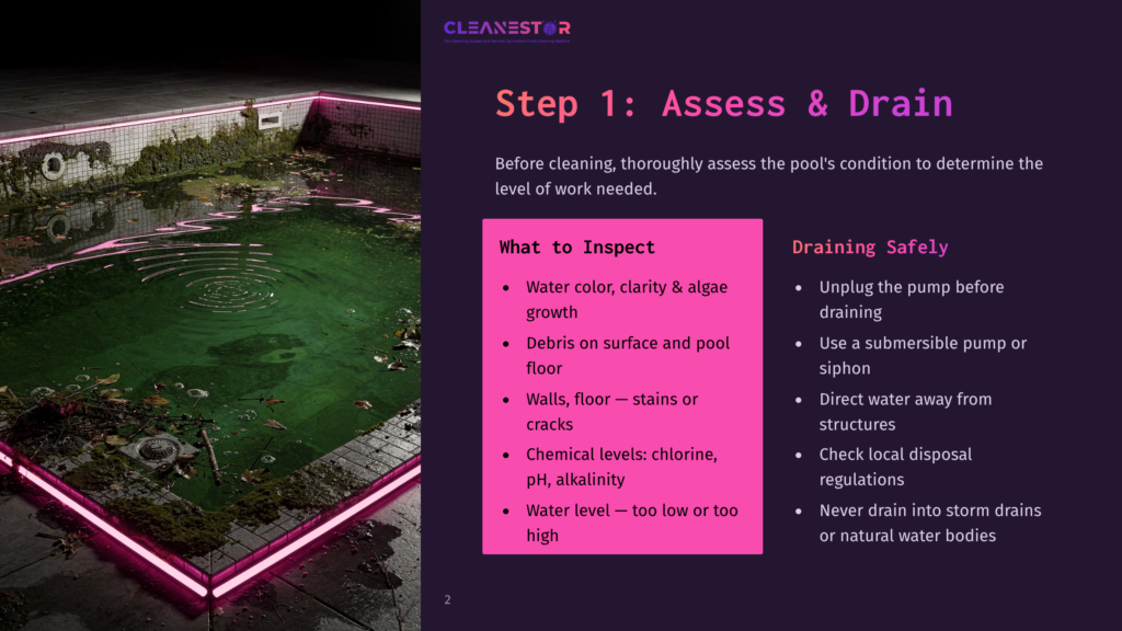 Step 1: Assess And Drain, Showing An Image Of A Pool With Green Water, Algae, And Debris, Alongside A Pink-Lit Edge And Text On Safe Draining Practices.