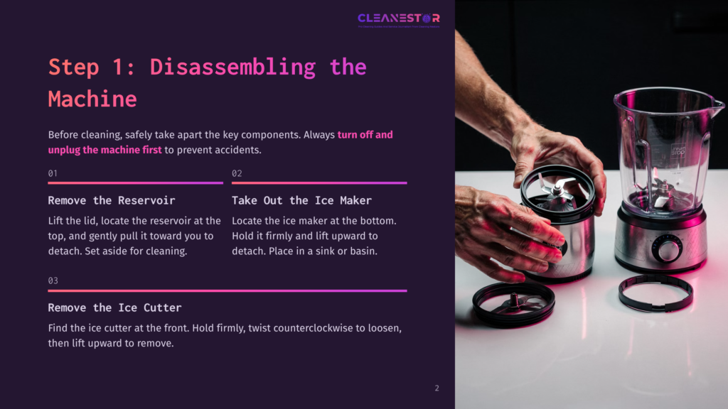Step 1: Disassembling The Machine. Hands Carefully Detach The Ice Cutter From A Stainless Steel Blender Base. Instructions On The Left Detail Removing The Reservoir And Ice Cutter.