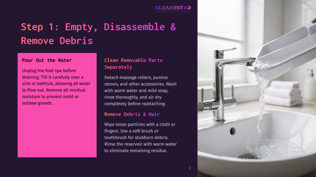 Step 1: Empty, Disassemble &Amp; Remove Debris. A Foot Spa Is Being Emptied Into A Sink, With Water Flowing Out Of The Spa And Into The Drain. The Text On The Image Provides Instructions For Cleaning The Foot Spa.