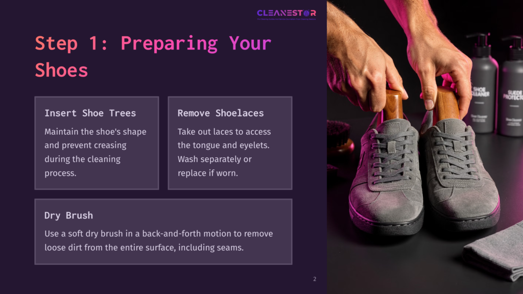 A Person Is Holding A Wooden Shoe Tree In Their Hand, Ready To Insert It Into A Sneaker For Cleaning. The Sneaker, In Shades Of Purple And Gray, Is Placed On A Black Surface Next To A Shoe Cleaner Bottle And A Cloth. A Text Box Above The Image Instructs To &Quot;Insert Shoe Trees&Quot; To Maintain The Shoe'S Shape During Cleaning.