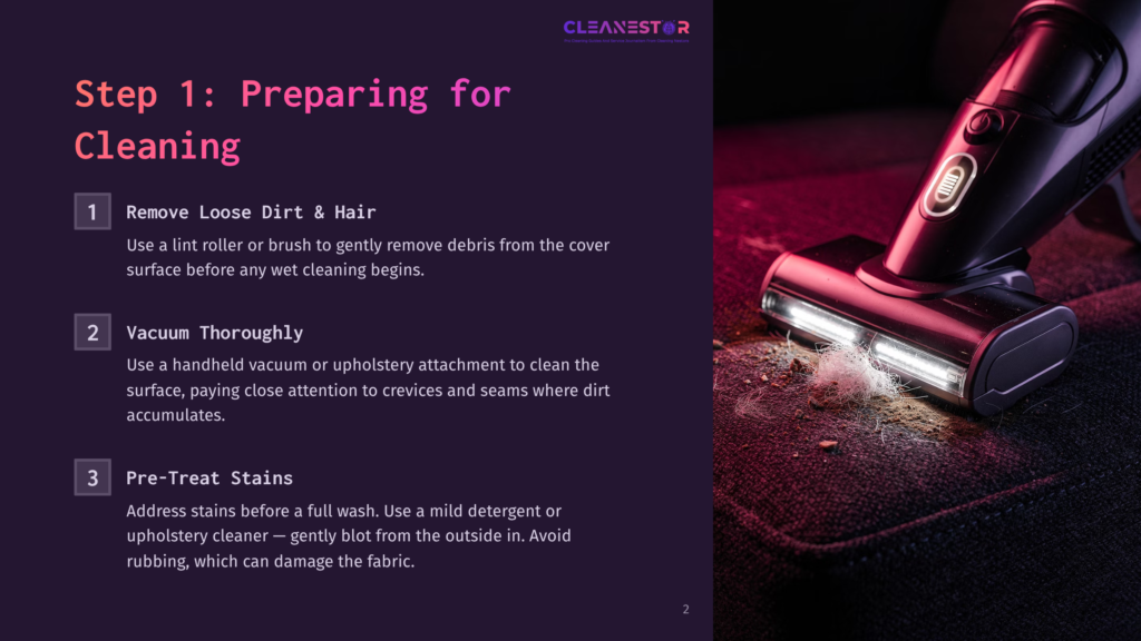 Close-Up Of A Handheld Vacuum Cleaner With A Brush Attachment Cleaning A Textured Fabric Sofa, Picking Up Lint And Debris. Text Overlay: &Quot;Step 1: Preparing For Cleaning&Quot;, &Quot;Remove Loose Dirt &Amp; Hair&Quot;, &Quot;Vacuum Thoroughly&Quot;, &Quot;Pre-Treat Stains&Quot;.