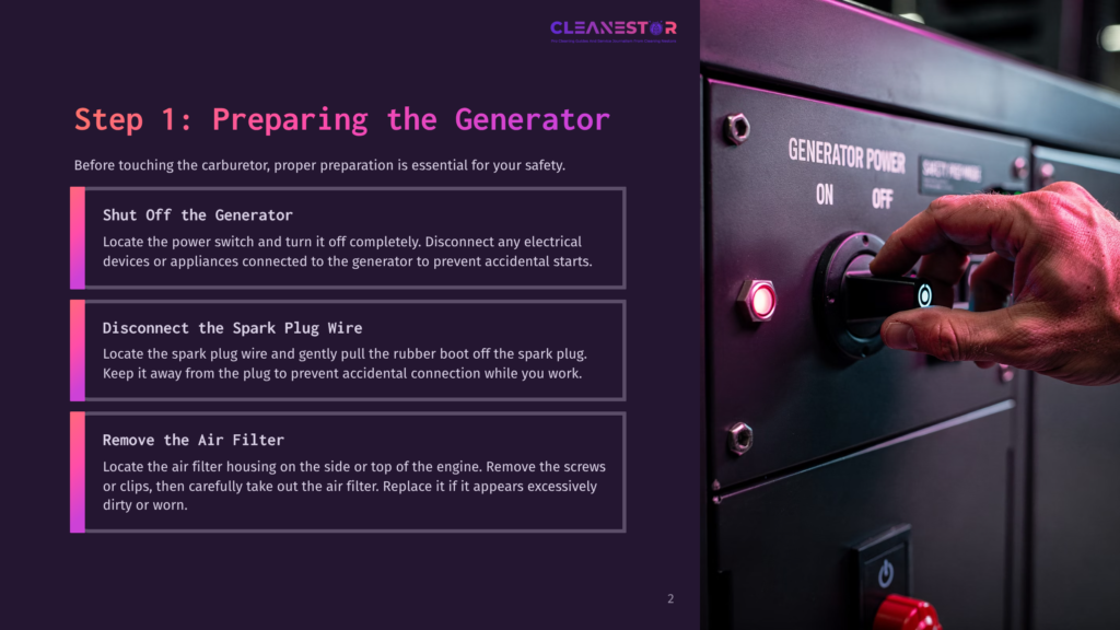 Close-Up Of A Hand Turning A Black Generator Power Switch To The &Quot;Off&Quot; Position. Text Overlays On The Left Detail Generator Preparation Steps: &Quot;Shut Off The Generator,&Quot; &Quot;Disconnect The Spark Plug Wire,&Quot; And &Quot;Remove The Air Filter.