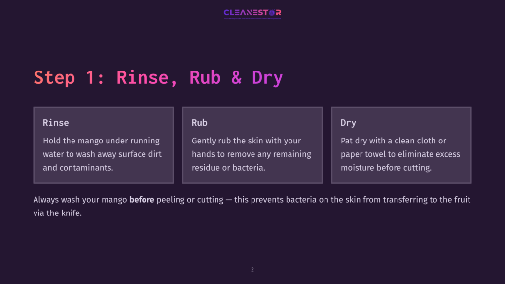 2 Step 1 Rinse Rub And Dry Infographic Titled &Quot;Step 1: Rinse, Rub &Amp; Dry&Quot; With Three Columns Detailing How To Prepare A Mango: Rinse, Rub, And Dry, Emphasizing Washing The Mango Before Peeling Or Cutting.