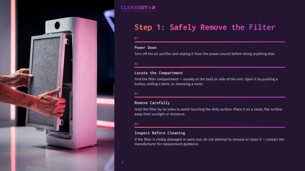 Step 1: Safely Remove The Filter. Hands Carefully Remove A Large, Gray Air Purifier Filter From A White Cleanestor Air Cleaning Device.