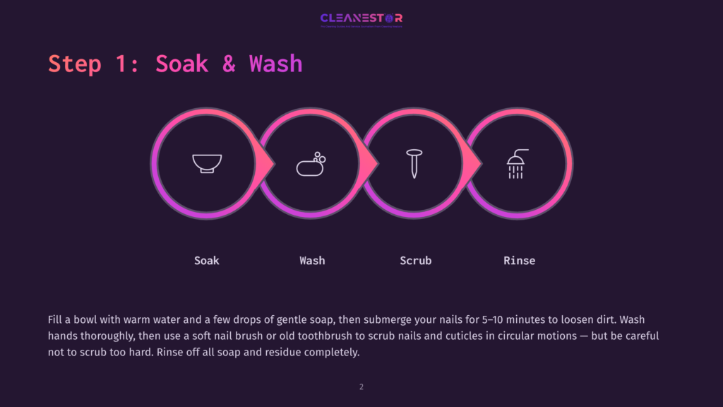 Step 1: Soak &Amp; Wash. Four Circular Icons With Gradient Purple And Pink Borders Illustrate A Nail Care Process: Soaking, Washing With Soap, Scrubbing With A Nail Brush, And Rinsing Under A Shower. Text Below Each Icon Reads &Quot;Soak,&Quot; &Quot;Wash,&Quot; &Quot;Scrub,&Quot; And &Quot;Rinse.&Quot; A Description Details How To Fill A Bowl With Warm Water And Soap To Soak Nails For 5-10 Minutes, Then Use A Soft Brush To Scrub Nails And Cuticles, And Rinse Completely.