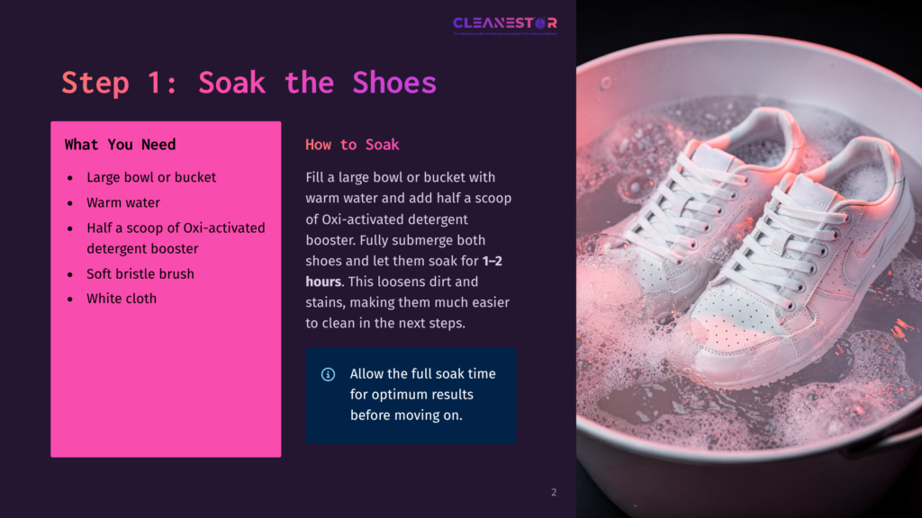 Two White Nike Sneakers Soaking In A Bubbly, Soapy Water Bath In A White Bucket, With The Text &Quot;Step 1: Soak The Shoes&Quot; Visible In The Background.