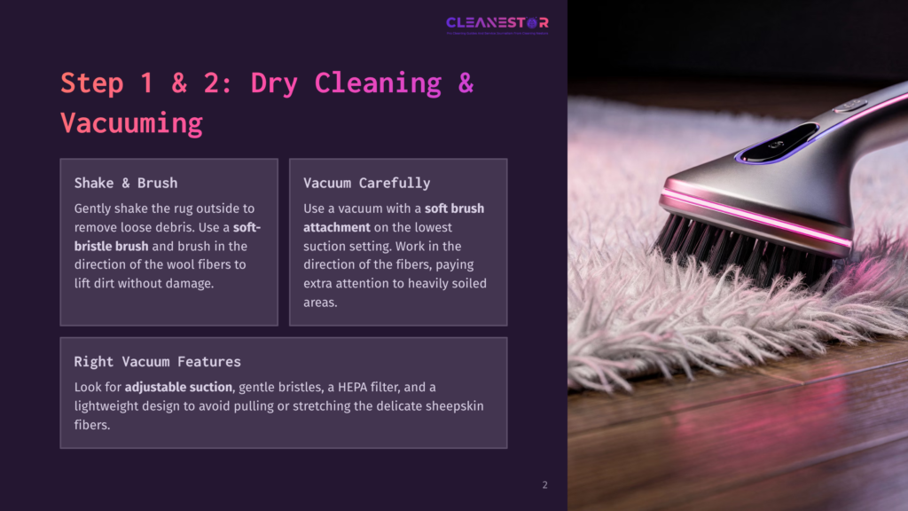 Close-Up Of A Modern, Silver Vacuum Cleaner With Pink Led Lights, Actively Cleaning A Fluffy, Cream-Colored Rug. The Vacuum'S Soft Bristle Brush Attachment Is Visible, Working Into The Rug Fibers.