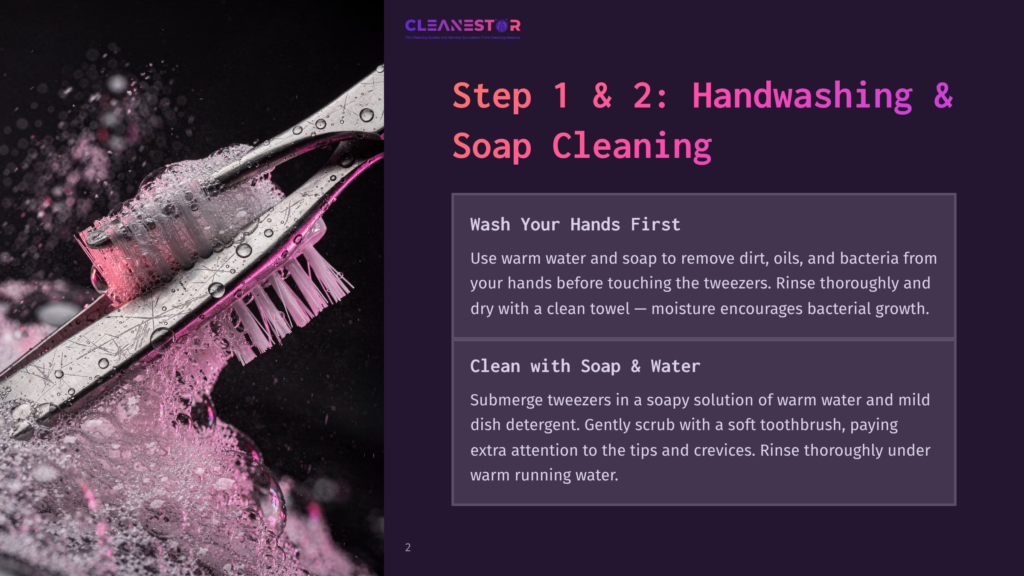 Close-Up Of A Toothbrush With Pink Bristles Scrubbing A Metal Object In Soapy Water, With Water Splashing. Text Overlay Reads &Quot;Cleanestor&Quot; And &Quot;Step 1 &Amp; 2: Handwashing &Amp; Soap Cleaning&Quot;.
