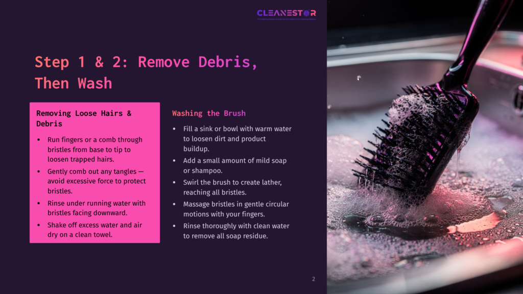 Close-Up Of A Black Cleaning Brush Being Washed Under Running Water In A Sink, With Soap Suds And Water Splashing Around The Bristles. Text Overlay Provides Instructions For Washing The Brush.