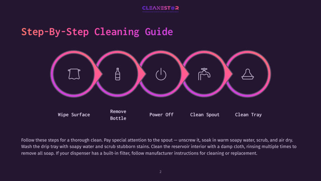 Step-By-Step Cleaning Guide Infographic With A Wipe Surface Icon, Remove Bottle Icon, Power Off Icon, Clean Spout Icon, And Clean Tray Icon.