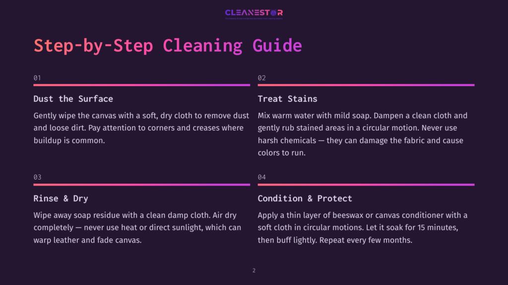 Step-By-Step Cleaning Guide Infographic With Sections On Dusting, Treating Stains, Rinsing, And Conditioning. The Text Is In English With A Purple And Pink Gradient Design.