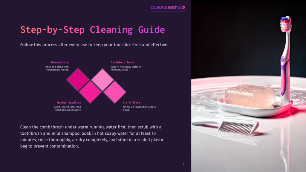 Cleanestor Step-By-Step Cleaning Guide: A Pink And Purple Toothbrush, Bar Of Soap In A White Dish, And A Comb Sit On A Wet, Reflective Surface, With A Pink Gradient Graphic On The Left Detailing Cleaning Instructions.