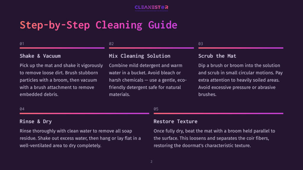 Step-By-Step Cleaning Guide For Doormats: Shake &Amp; Vacuum, Mix Cleaning Solution, Scrub The Mat, Rinse &Amp; Dry, Restore Texture. Includes Instructions And Tips For Effective Doormat Cleaning.