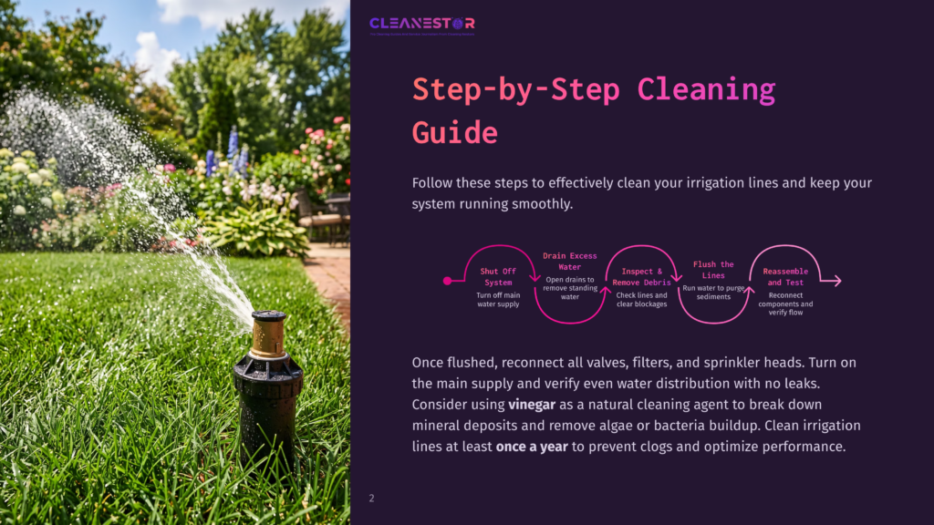 A Sprinkler Sprays Water Onto A Lush Green Lawn, With A Graphic Overlay Detailing &Quot;Step-By-Step Cleaning Guide&Quot; For Irrigation Systems, Including Steps Like &Quot;Shut Off System&Quot; And &Quot;Flush The Lines.
