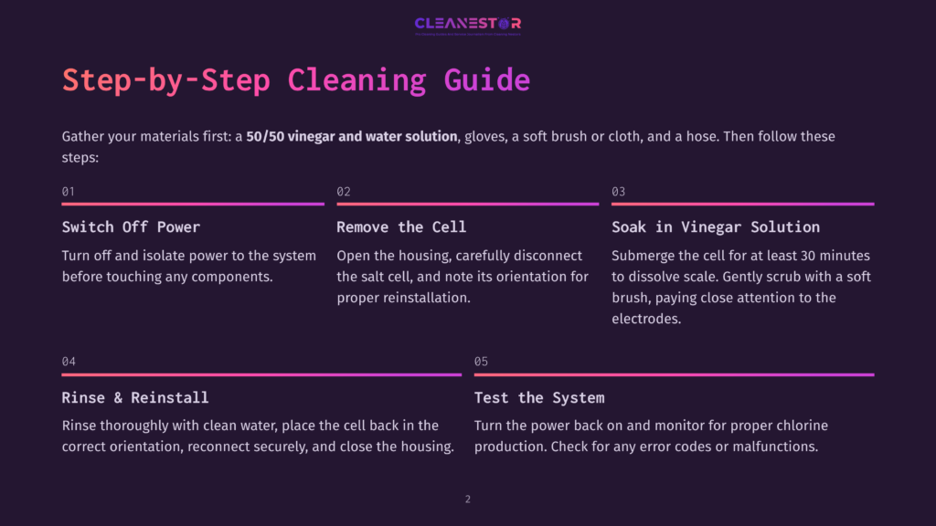 2 Step By Step Cleaning Guide 27 Step-By-Step Cleaning Guide For A Salt Cell, Featuring Text And Numbered Steps For Cleaning With Vinegar And Water Solution, And Rinsing And Reinstalling.