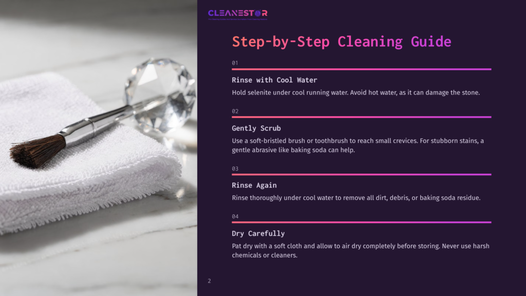 A Makeup Brush With A Wooden Handle And Brown Bristles Rests On A White Fluffy Towel Next To A Sparkling Crystal. Text On The Right Reads: &Quot;Cleanestor Step-By-Step Cleaning Guide.