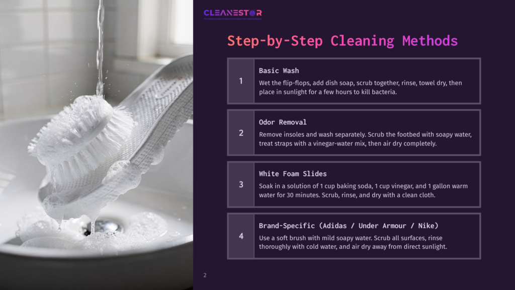 A White Sneaker Is Being Scrubbed With A Brush Under Running Water In A Sink, With Soap Suds. The Image Is Part Of A Step-By-Step Cleaning Guide.