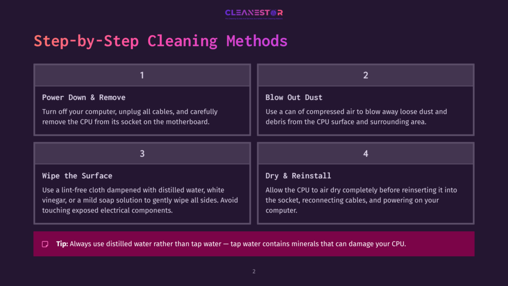 Step-By-Step Computer Cleaning Methods: 1. Power Down &Amp; Remove, 2. Blow Out Dust, 3. Wipe The Surface, 4. Dry &Amp; Reinstall. Tip: Use Distilled Water.