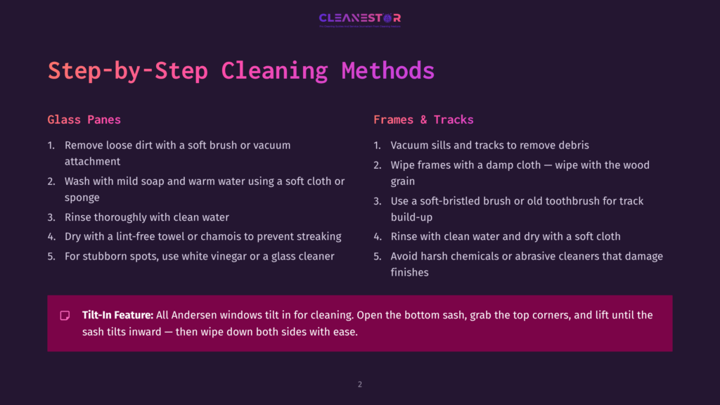 2 Step By Step Cleaning Methods 8 A Webpage Section On Step-By-Step Cleaning Methods For Glass Panes And Frames And Tracks, With A List Of Cleaning Instructions And Tips For Using White Vinegar And Avoiding Harsh Chemicals.