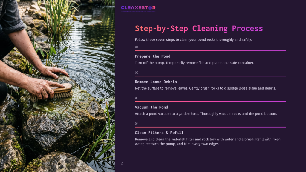 2 Step By Step Cleaning Process 10 Hands Wearing A Brush Clean Rocks In A Pond, With A Graphic Overlay Detailing &Quot;Step-By-Step Cleaning Process&Quot; For Ponds.