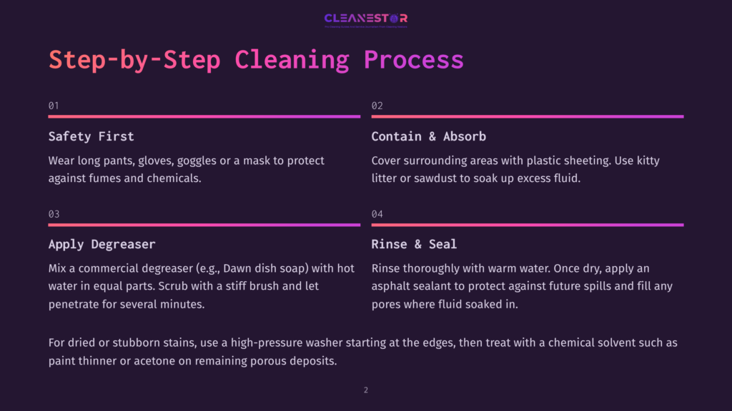 Step-By-Step Cleaning Process Infographic, Starting With Safety First, Containing And Absorbing, Applying Degreaser, And Rinsing And Sealing. The Background Is Dark With A Blue-White Border.