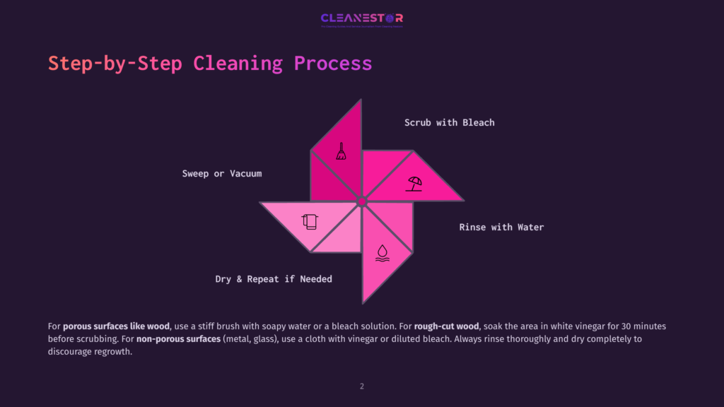 A Colorful Pinwheel Graphic Illustrates A Step-By-Step Cleaning Process: Sweep Or Vacuum, Scrub With Bleach, Rinse With Water, And Dry &Amp; Repeat If Needed. Text At The Bottom Explains Cleaning Porous Vs. Non-Porous Surfaces.