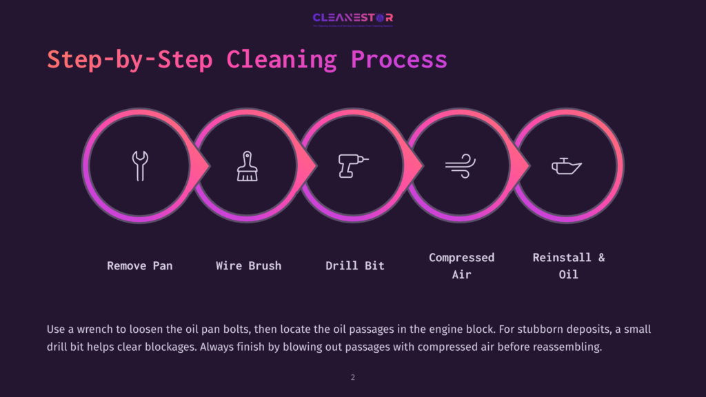 2 Step By Step Cleaning Process 7 Step-By-Step Cleaning Process Infographic: Remove Pan, Wire Brush, Drill Bit, Compressed Air, Reinstall &Amp; Oil. Text Explains Using A Wrench And Drill Bit For Blockages, Then Compressed Air.
