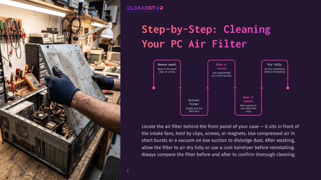 Step-By-Step Guide To Cleaning Your Pc Air Filter: Remove Front Panel, Blow Or Vacuum Dust, And Dry. The Image Shows A Person Cleaning A Dusty Computer Air Filter.