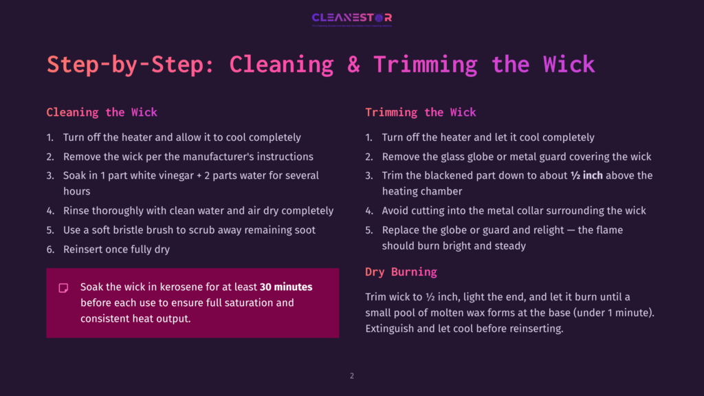 2 Step By Step Cleaning And Trimming The Wick Instruction Manual Displaying Steps For Cleaning And Trimming A Wick With Clear Text On A Dark Background, Emphasizing Safety And Maintenance.