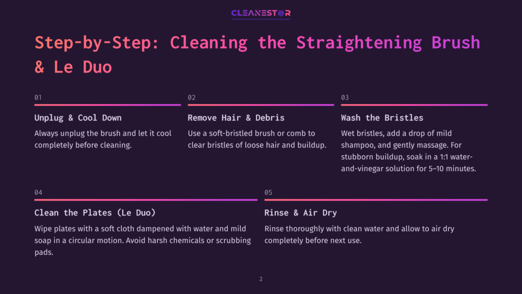 Step-By-Step Guide To Cleaning A Straightening Brush And Le Duo, Featuring Numbered Steps With Text Instructions And Purple And Pink Gradient Accents.