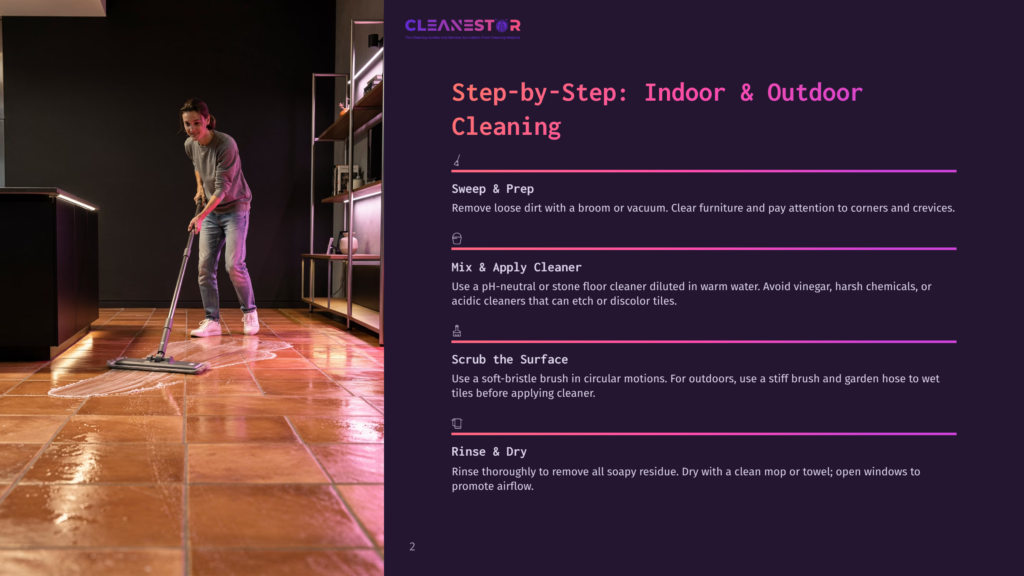 A Young Man Mops A Wet, Tiled Floor In A Well-Lit Room, With Shelves And Kitchen Counters Visible In The Background. The Image Is Part Of A Guide Titled &Quot;Step-By-Step: Indoor &Amp; Outdoor Cleaning.
