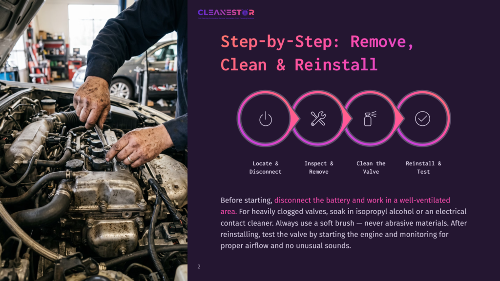 A Mechanic'S Hands Work On A Car Engine, With A Step-By-Step Guide To Removing, Cleaning, And Reinstalling Car Parts Displayed On The Right. The Guide Features Icons For Locate &Amp; Disconnect, Inspect &Amp; Remove, Clean The Valve, And Reinstall &Amp; Test.