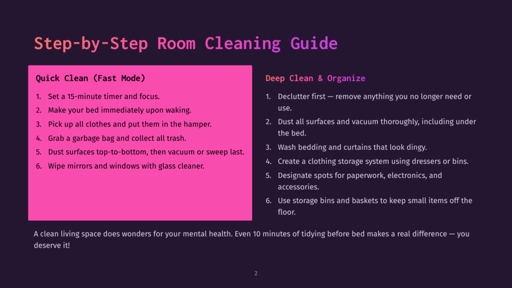 Step-By-Step Room Cleaning Guide With Two Sections: &Quot;Quick Clean (Fast Mode)&Quot; And &Quot;Deep Clean &Amp; Organize,&Quot; Listing Numbered Cleaning Tasks.