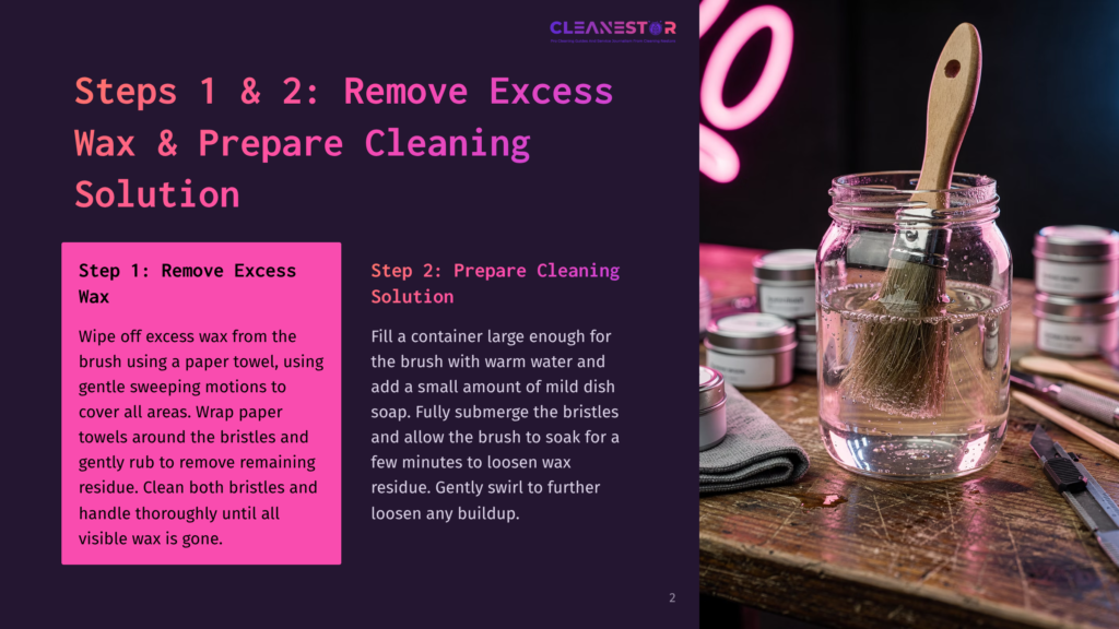 2 Steps 1 And 2 Remove Excess Wax And Prepare Cleaning Solution Steps To Clean A Wooden Brush: A Glass Jar Filled With Water And A Brush Beside A Pink Guide Card With Instructions To Remove Excess Wax And Prepare A Cleaning Solution.