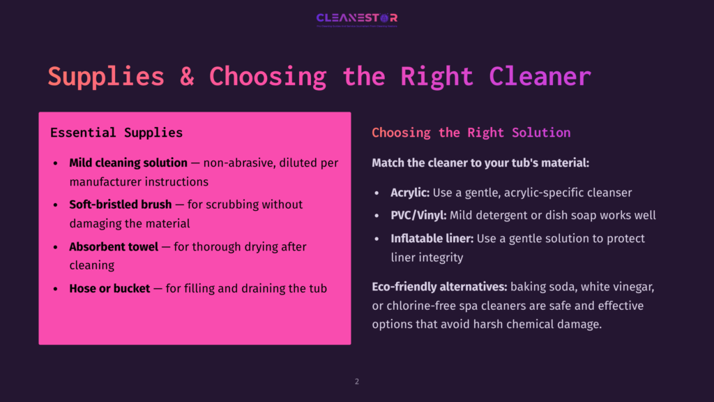 2 Supplies And Choosing The Right Cleaner A Presentation Slide Titled &Quot;Supplies &Amp; Choosing The Right Cleaner&Quot; Lists Essential Supplies Like Mild Cleaning Solution And Absorbent Towels, And Recommends Cleaners For Acrylic, Pvc/Vinyl, And Inflatable Liners, Plus Eco-Friendly Alternatives.
